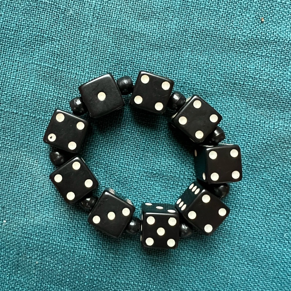 Black Dice Bead Stretch Bracelet with White Pips Bakelite 9 die Vintage